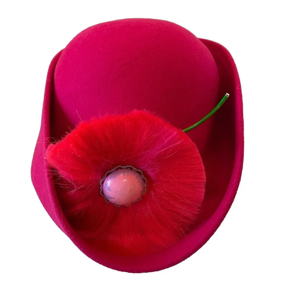 Geo W. Bollman & Co. Womens High Rim Derby Hat OS‎ Pink 100% Wool Floral Hat Pin